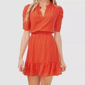 CeCe Red with Pink Clip Dot Smocked Waist Puff Shoulder dress Size Large‎